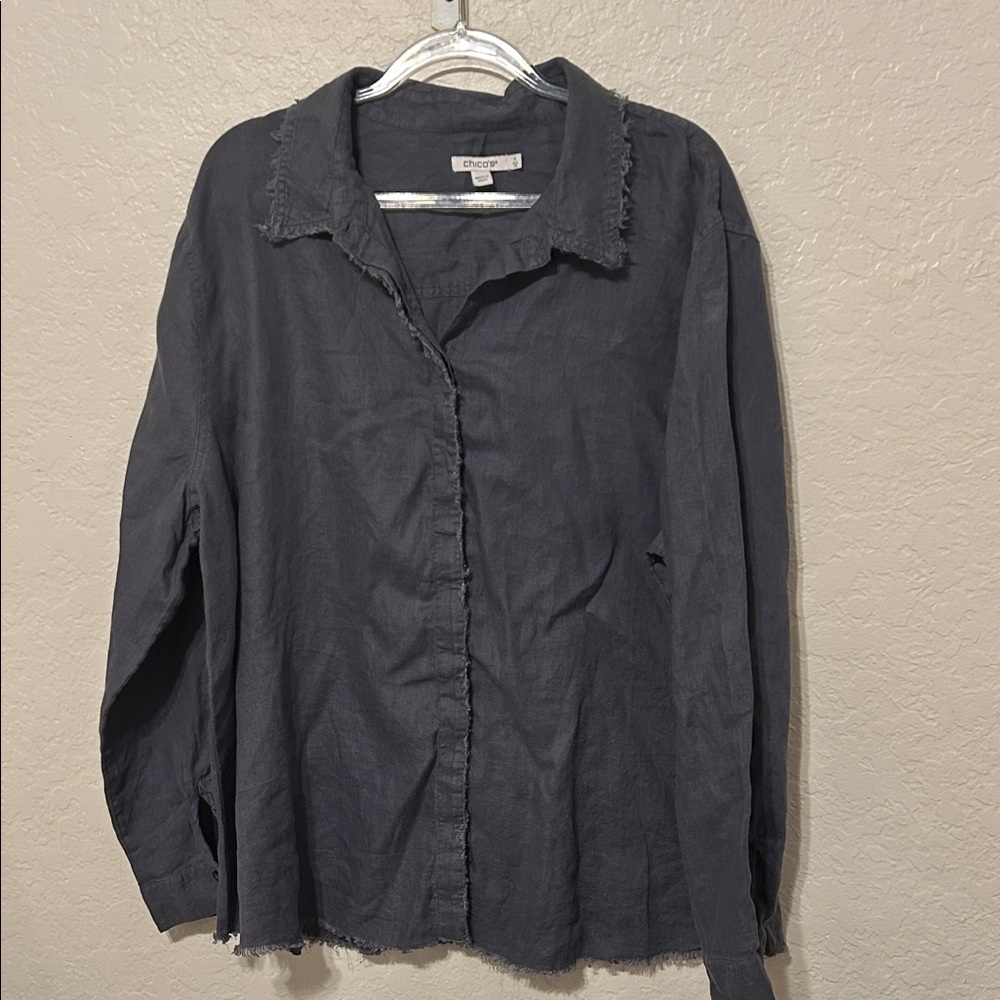 🐣Chico's Classic linen fringe gray Button Down Shirt size 4/us 20 GUC - Picture 6 of 10